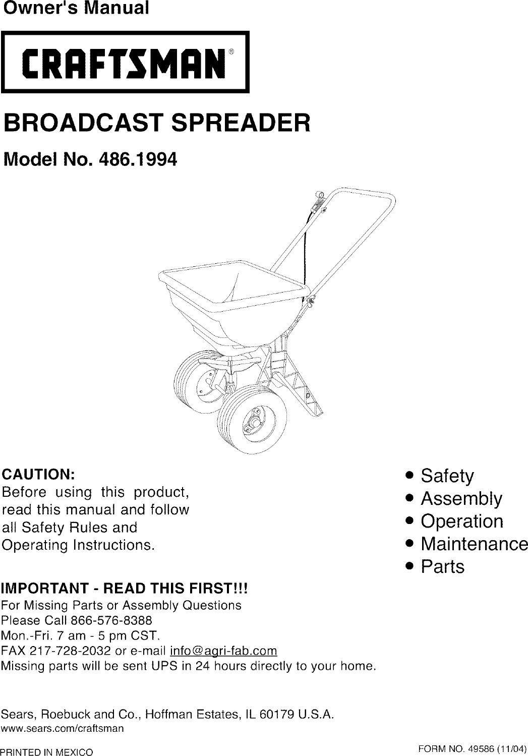 Page 1 of 4 - Craftsman 4861994 User Manual  BROADCAST SPREADER - Manuals And Guides L0503110