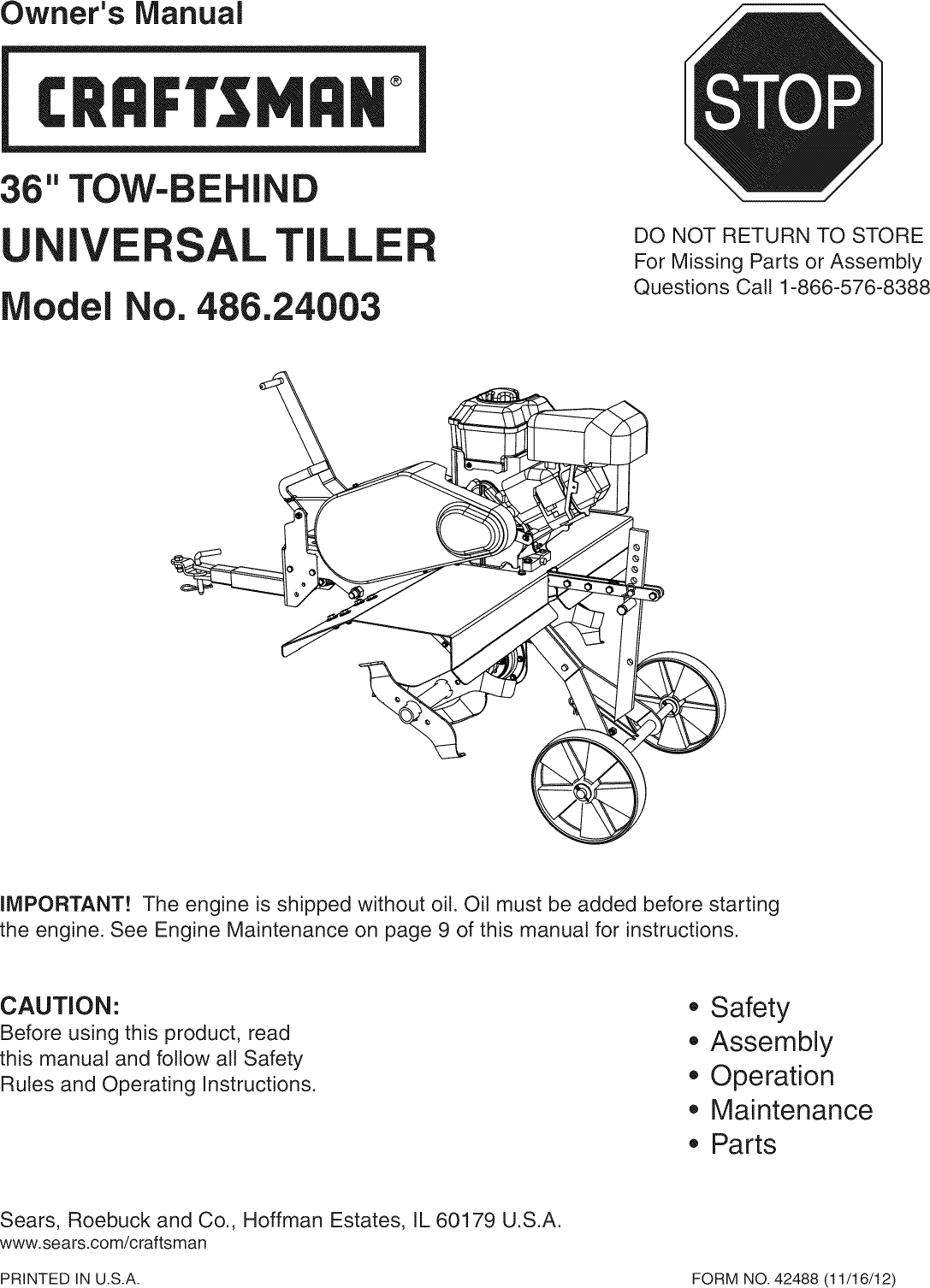 Craftsman 48624003 User Manual 36 TOW BEHIND UNIVERSAL TILLER Manuals