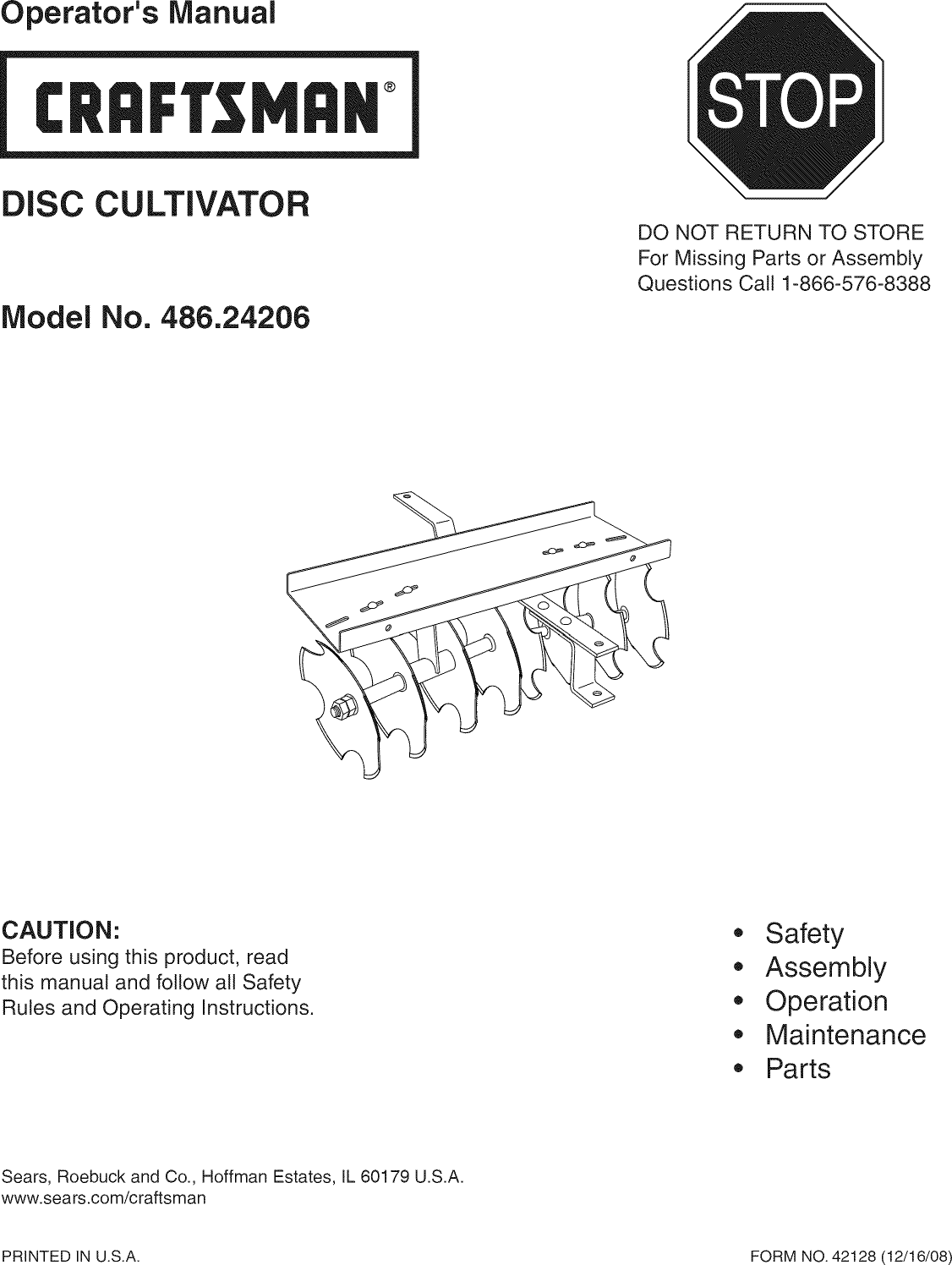 Craftsman 48624206 User Manual DISC CULTIVATOR Manuals And Guides L0812620