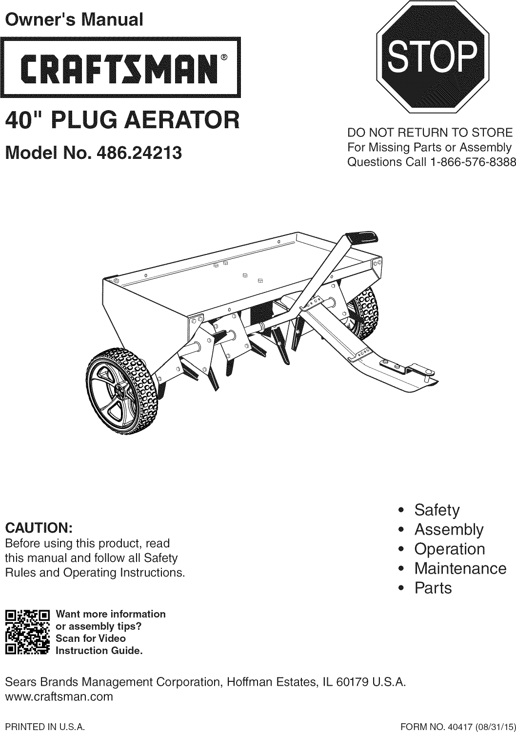 Page 1 of 12 - Craftsman 48624213 1602004L User Manual  40 PLUG AERATOR - Manuals And Guides