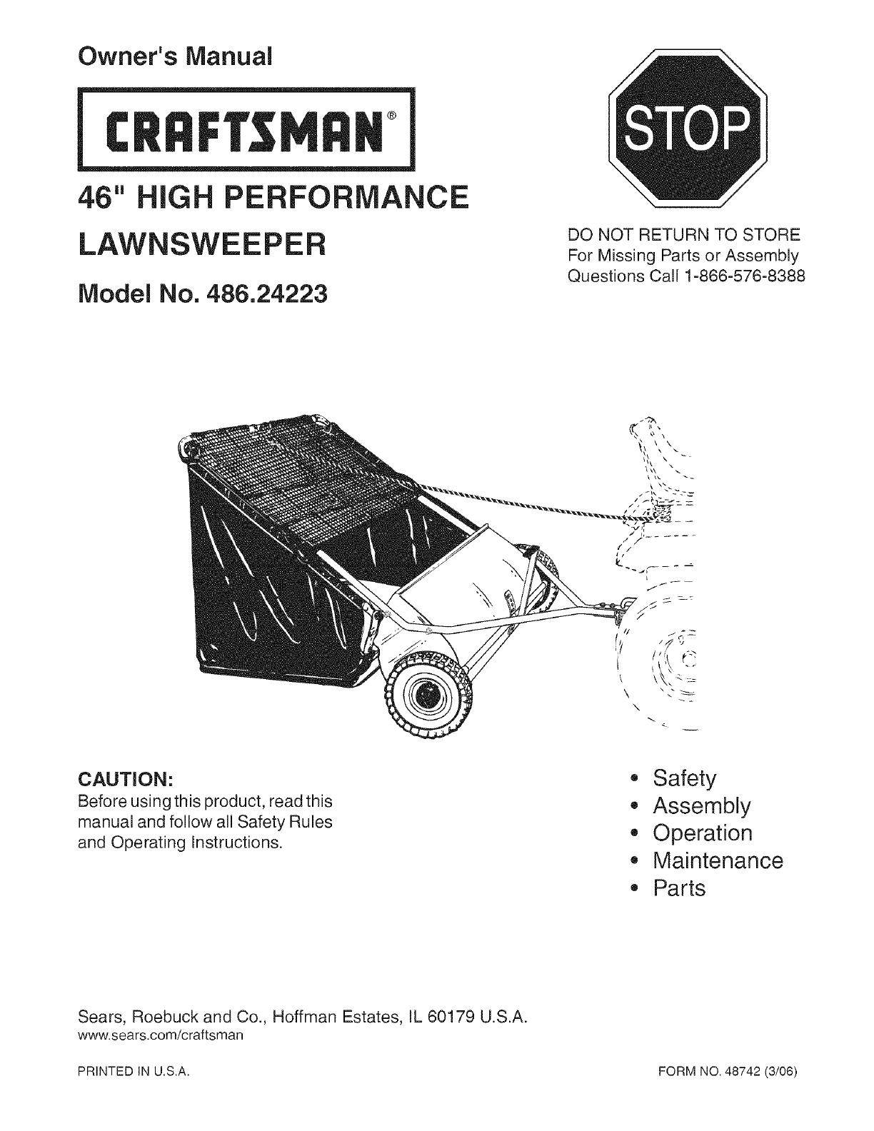 Craftsman 48624223 User Manual LAWN SWEEPER Manuals And Guides L0603464
