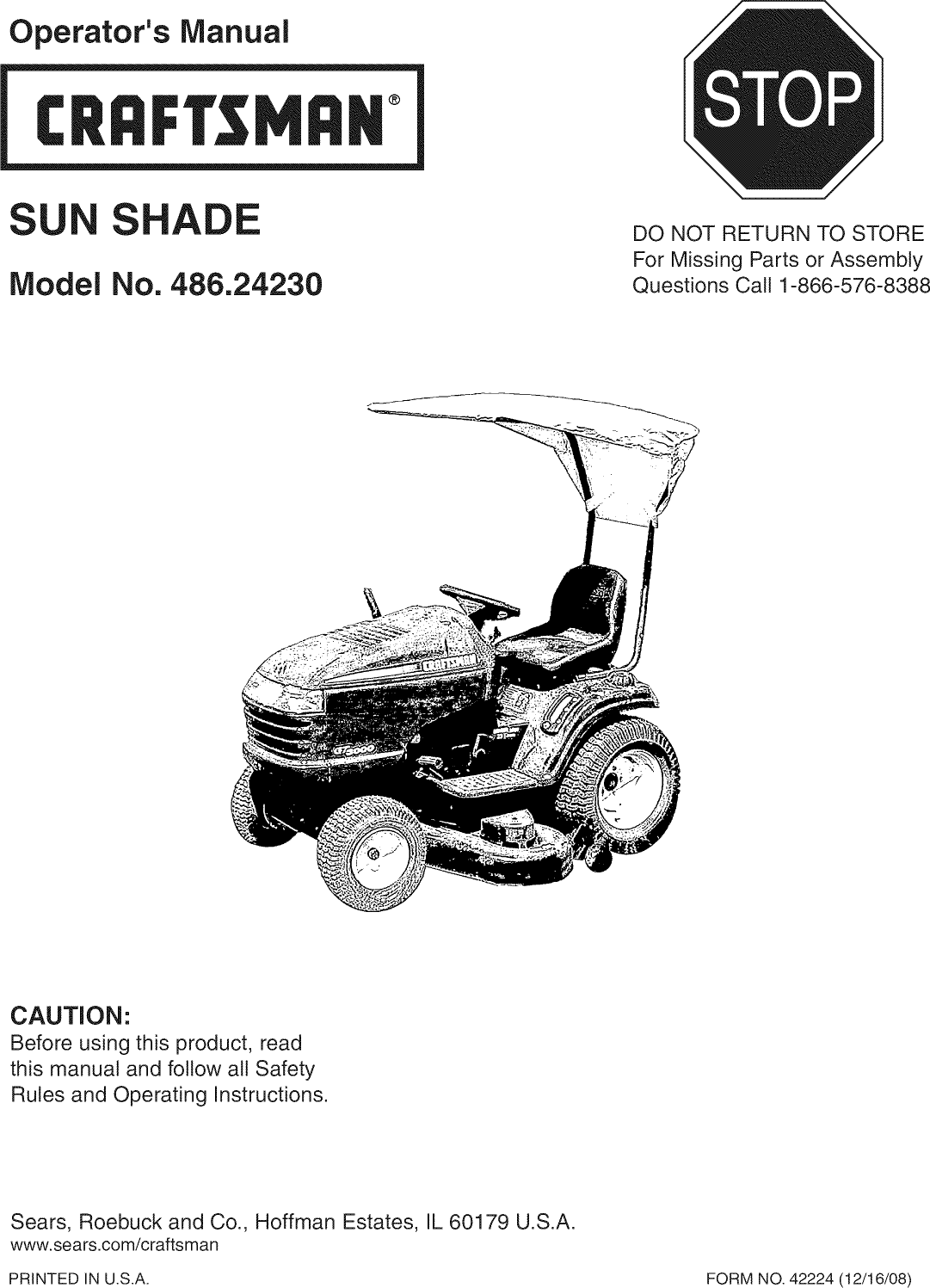 Page 1 of 8 - Craftsman 48624230 User Manual  SUN SHADE - Manuals And Guides L0812622