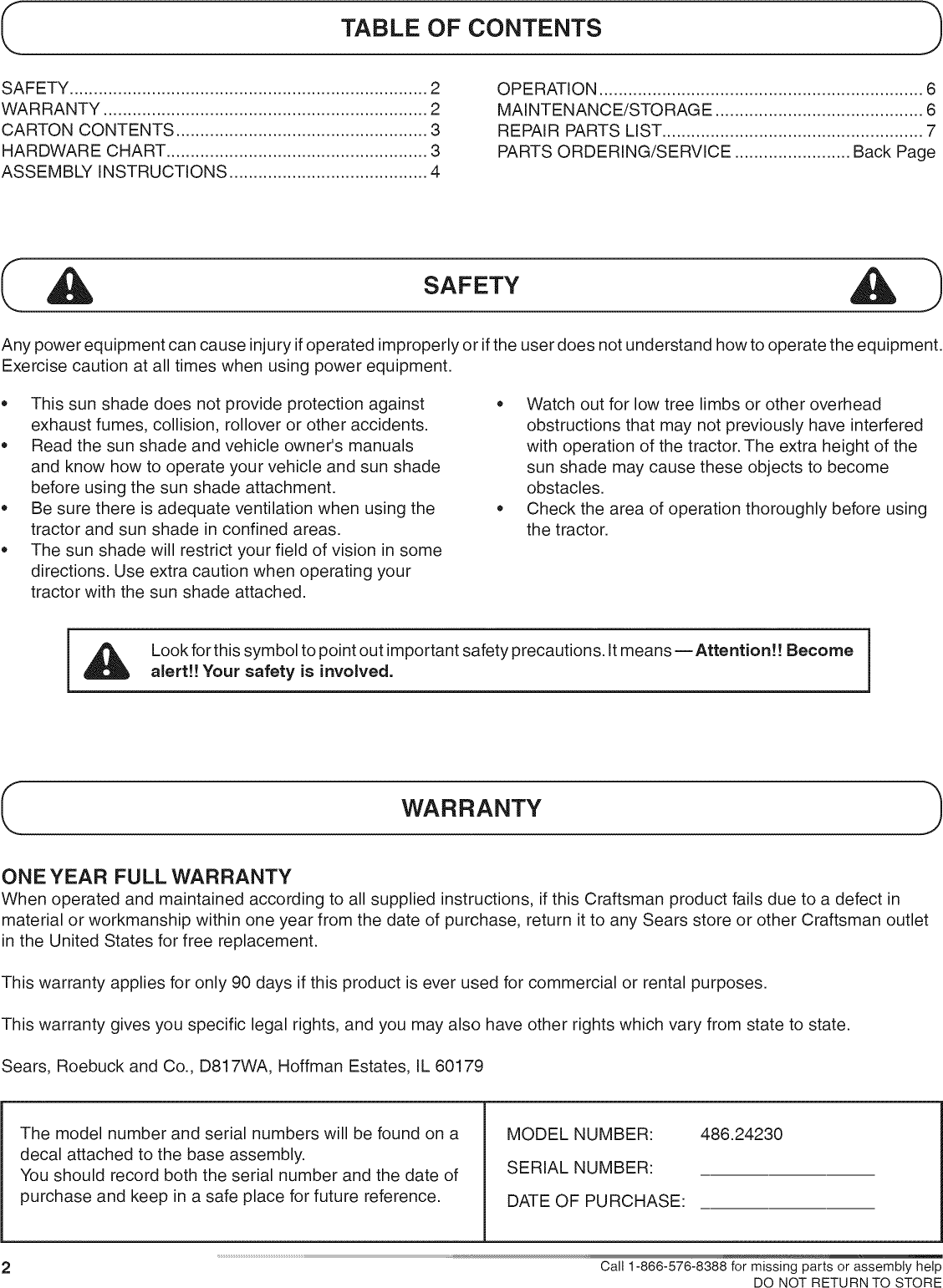 Page 2 of 8 - Craftsman 48624230 User Manual  SUN SHADE - Manuals And Guides L0812622