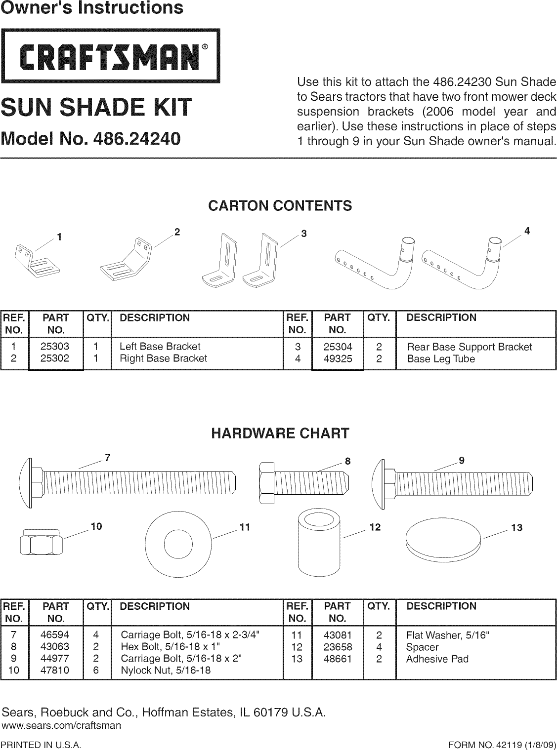 Craftsman 48624240 User Manual SUN SHADE KIT Manuals And Guides L0902002