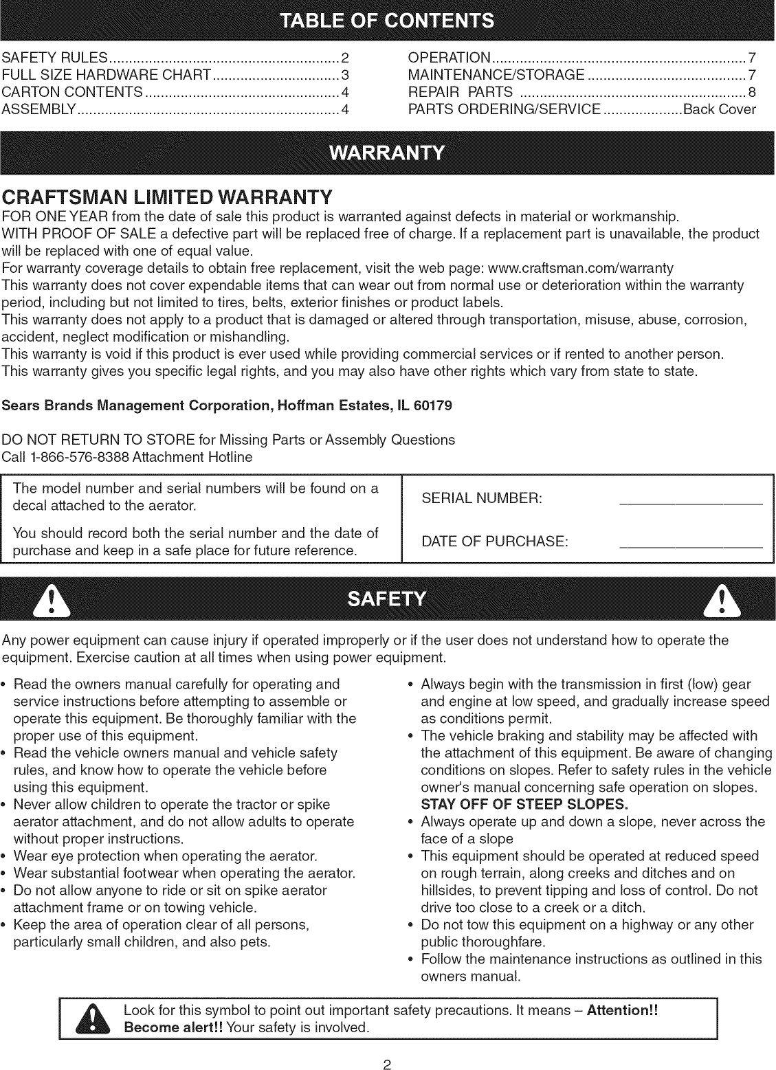 Page 2 of 12 - Craftsman 48624309 1602001L User Manual  SPIKE AERATOR - Manuals And Guides