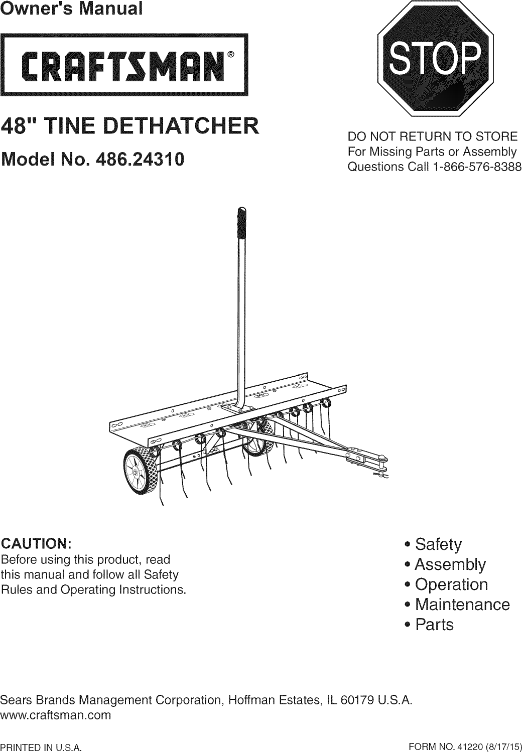 Page 1 of 8 - Craftsman 48624310 1602007L User Manual  TINE DETHATCHER - Manuals And Guides
