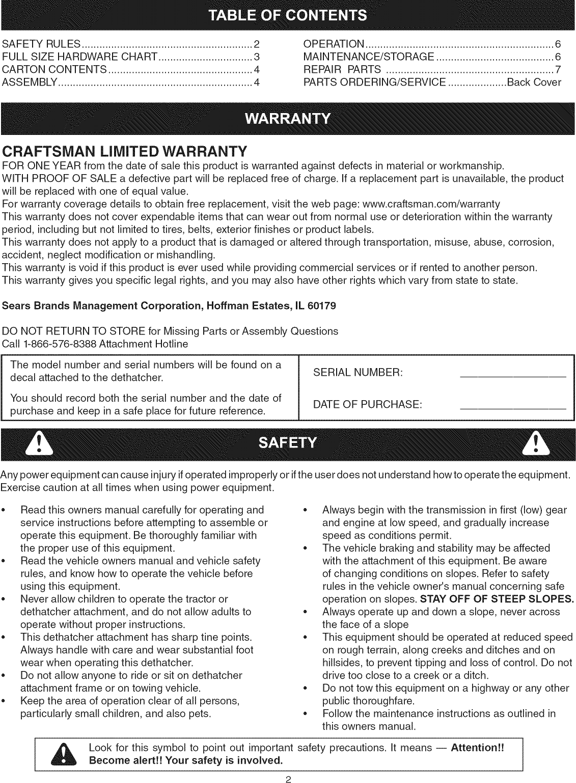 Page 2 of 8 - Craftsman 48624310 1602007L User Manual  TINE DETHATCHER - Manuals And Guides