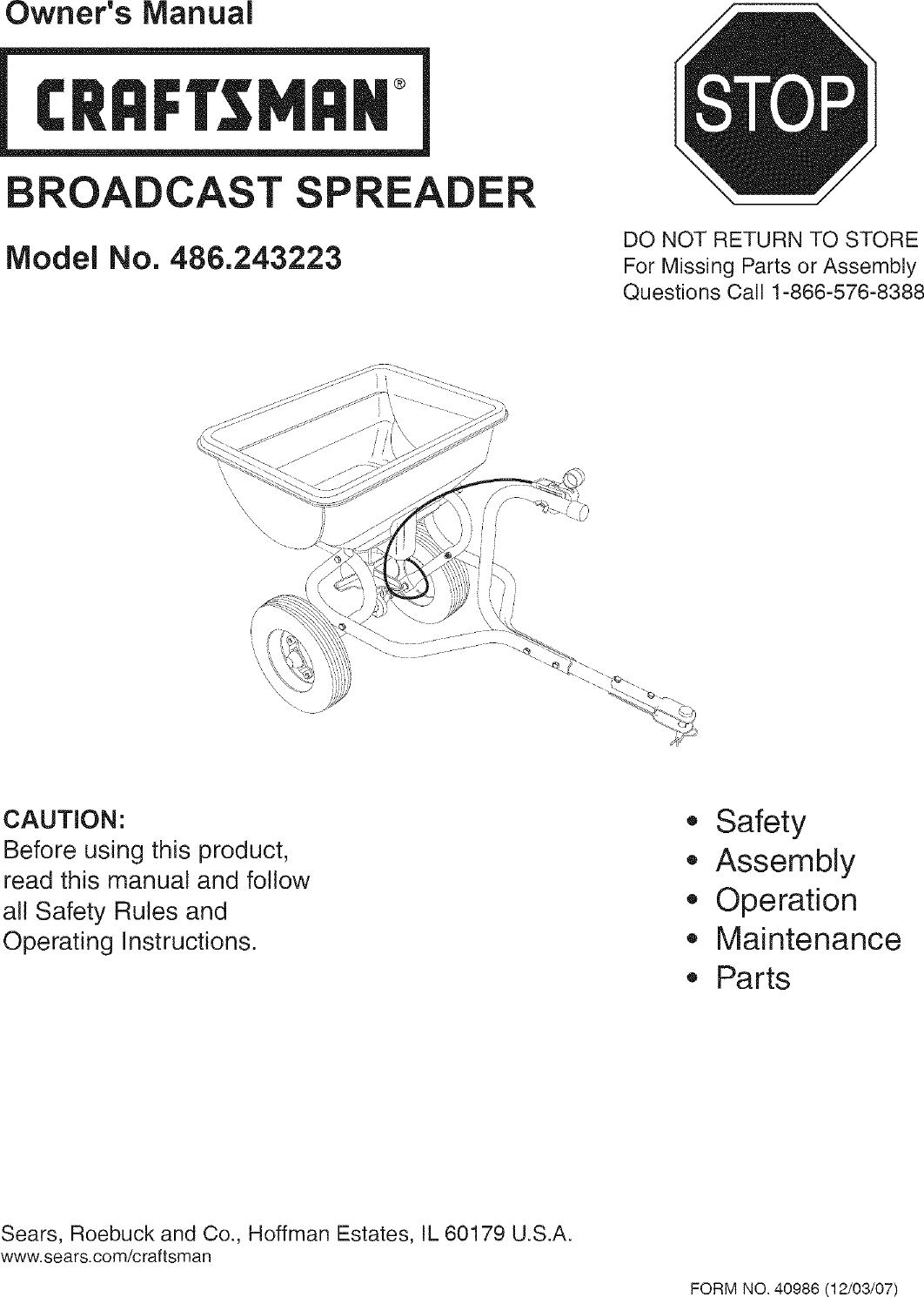 Page 1 of 12 - Craftsman 486243223 User Manual  SPREADER - Manuals And Guides L0803261