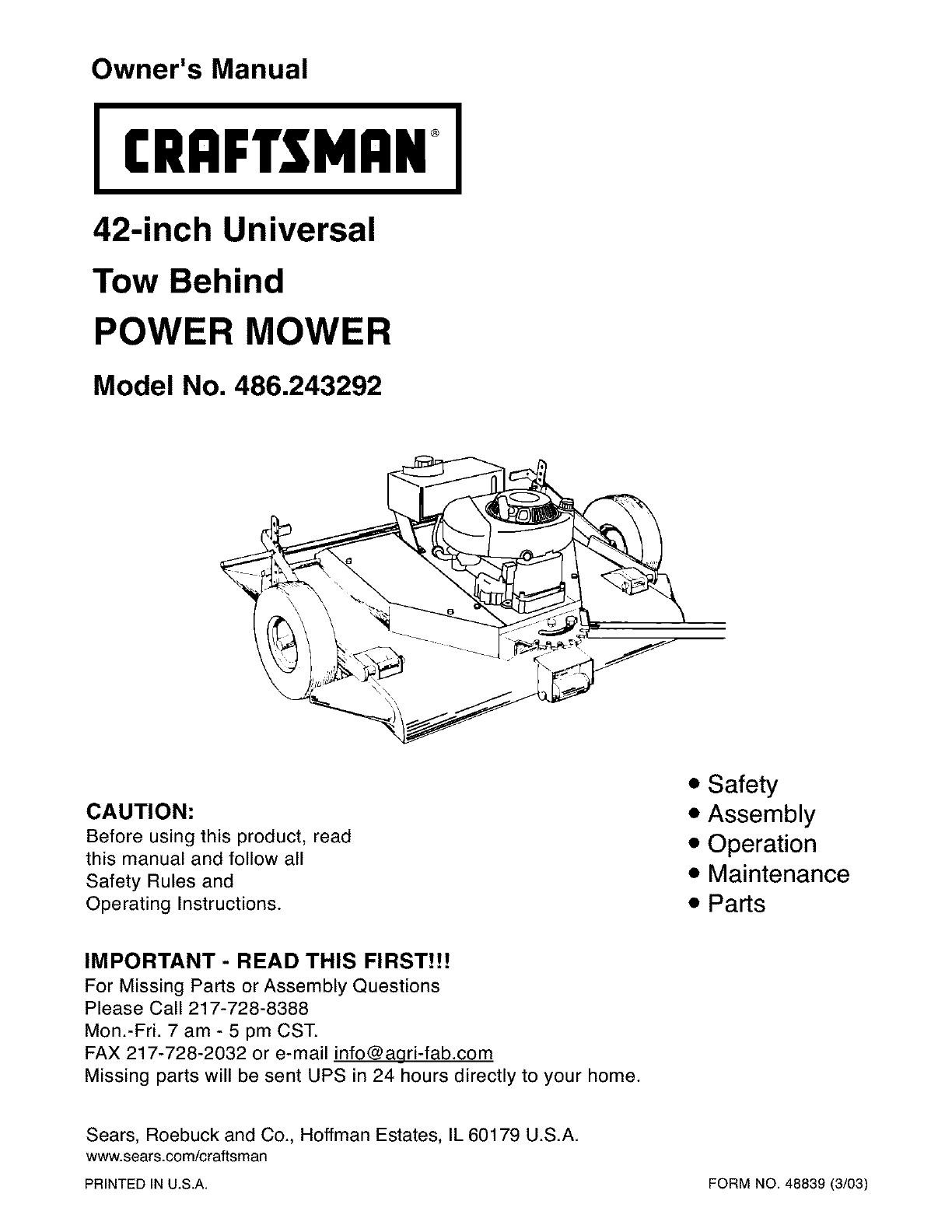 Craftsman 486243292 User Manual TOW BEHIND POWER MOWER Manuals And ...