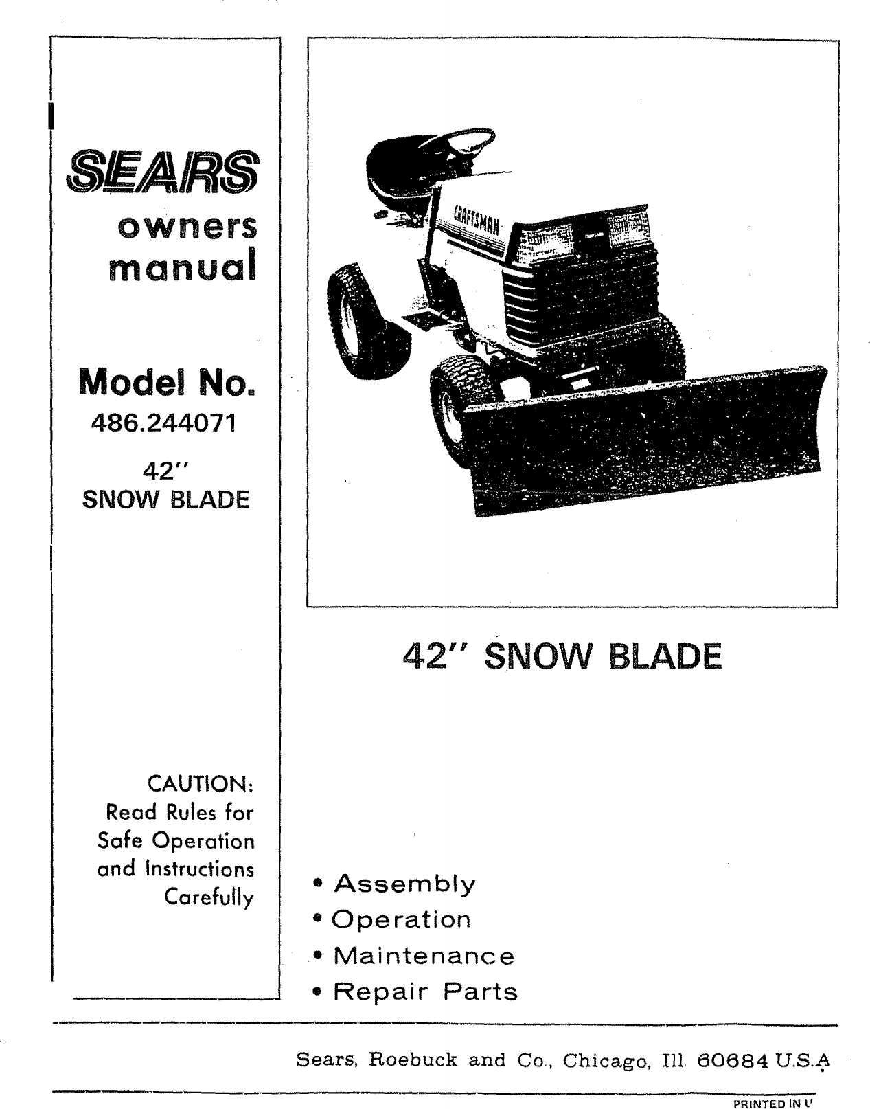 Page 1 of 11 - Craftsman 486244071 User Manual  42 SNOW BLADE - Manuals And Guides L0909235