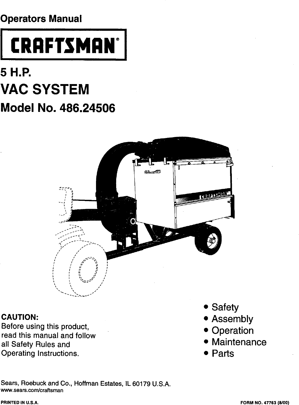 Craftsman 48624506 User Manual 5HP VAC SYSTEM Manuals And Guides L0010593