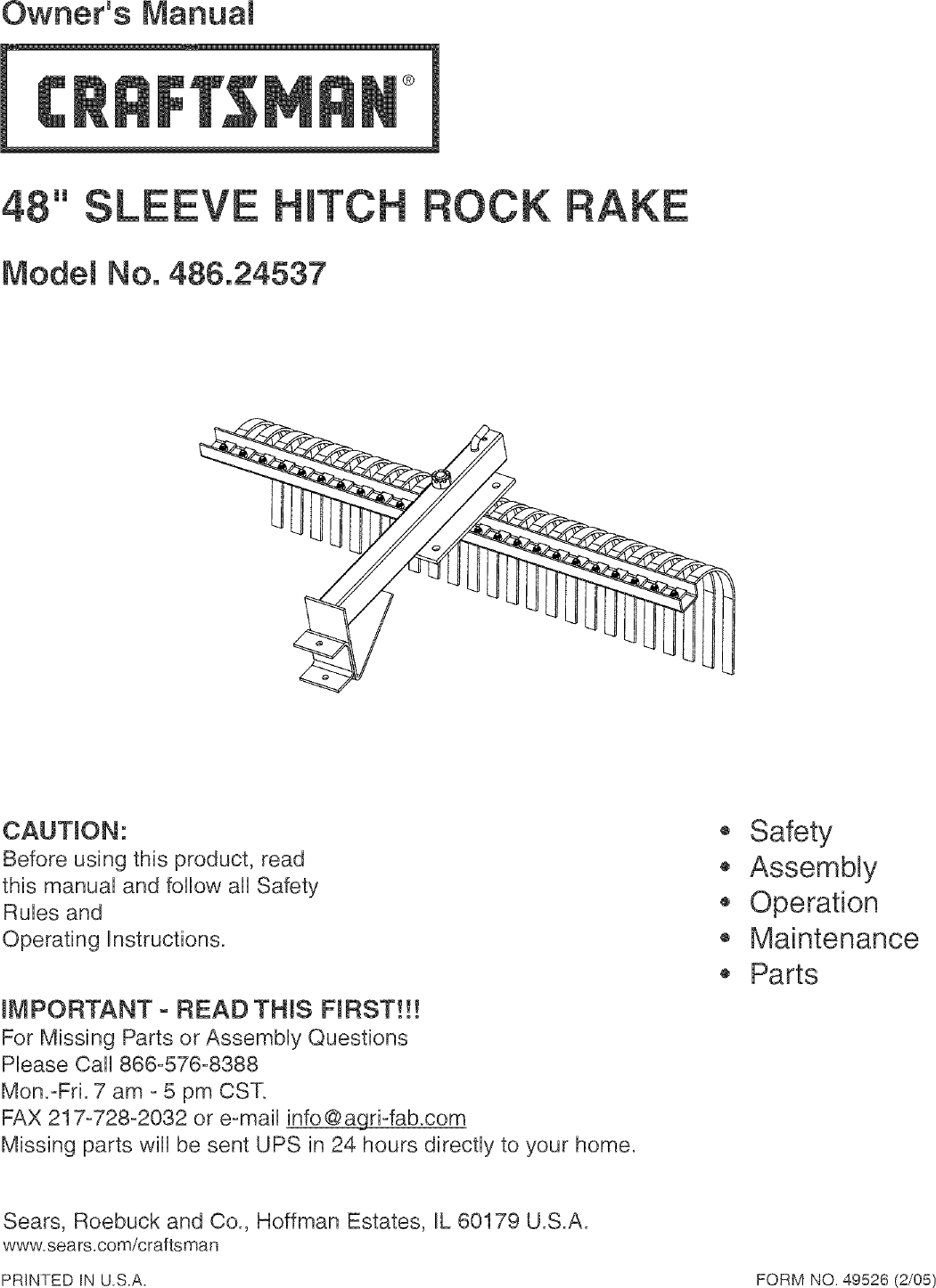 Page 1 of 8 - Craftsman 48624537 User Manual  48 SLEEVE HITCH ROCK RAKE - Manuals And Guides L0503116