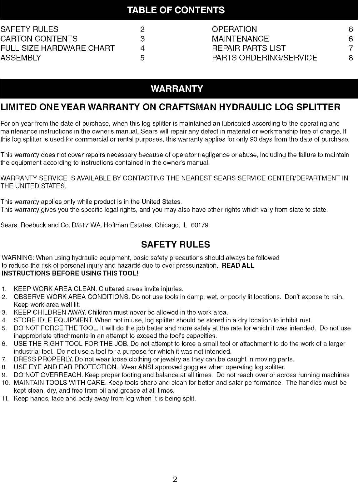 Page 2 of 8 - Craftsman 48624540 User Manual  10 TON HYDRAULIC LOG SPLITTER - Manuals And Guides L0503120