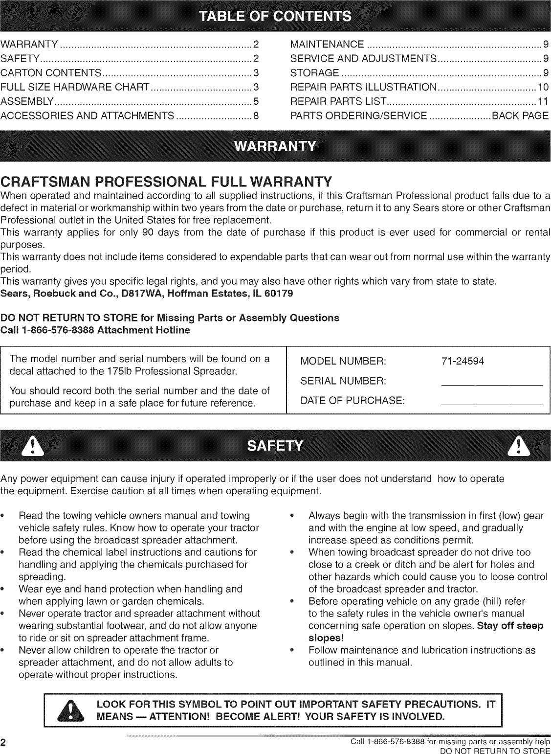 Page 2 of 12 - Craftsman 48624594 User Manual  SPREADER - Manuals And Guides L0812625