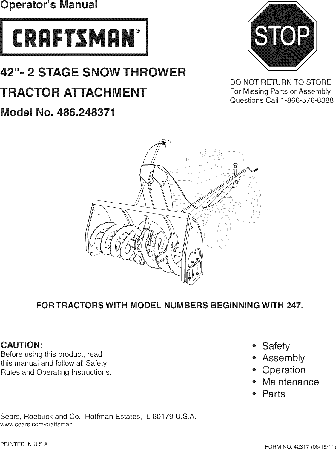 Craftsman 486248371 User Manual SNOW THROWER TRACTOR ATTACHMENT Manuals
