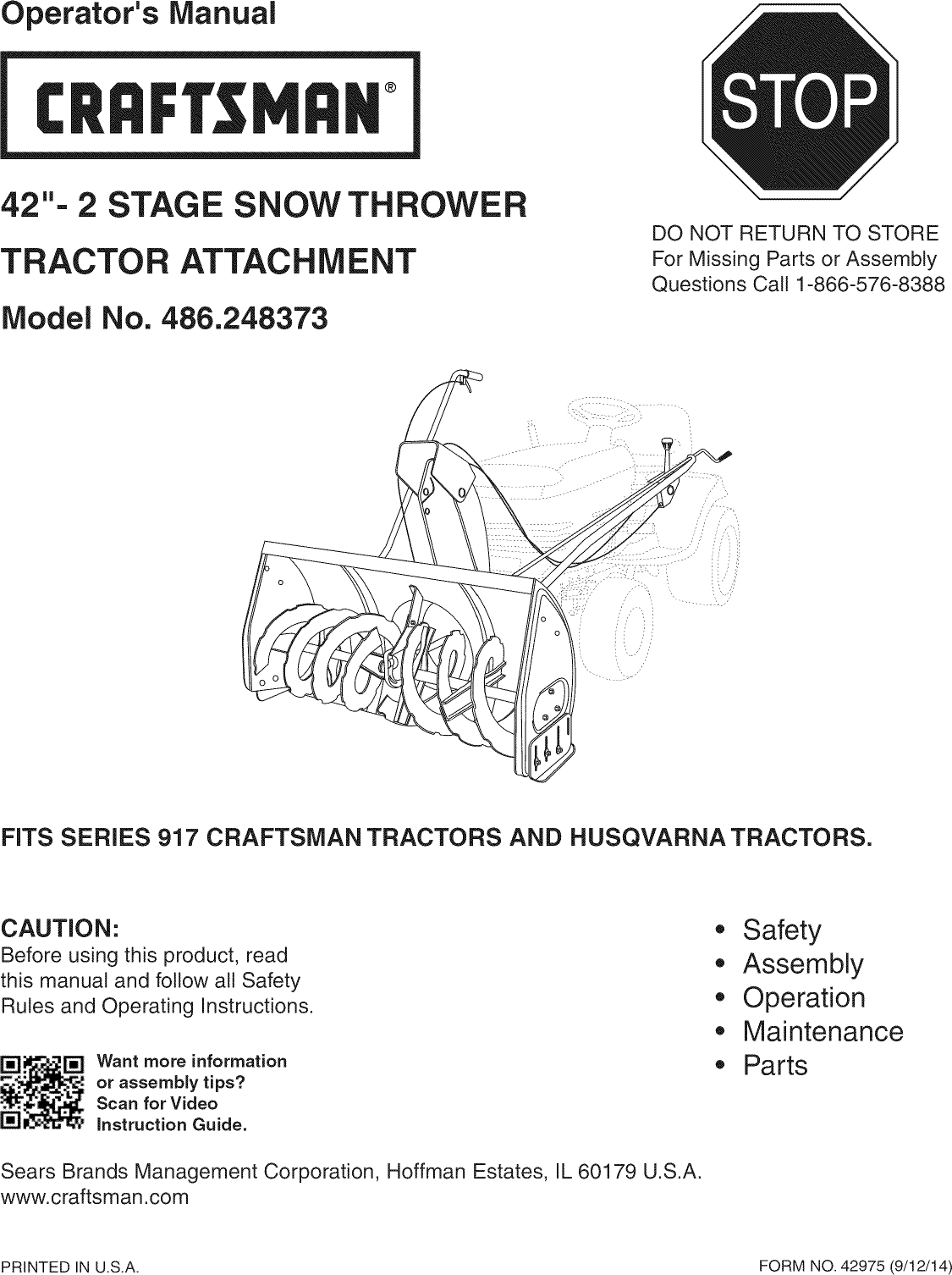 Craftsman 486248373 1411141L User Manual SNOW THROWER TRACTOR