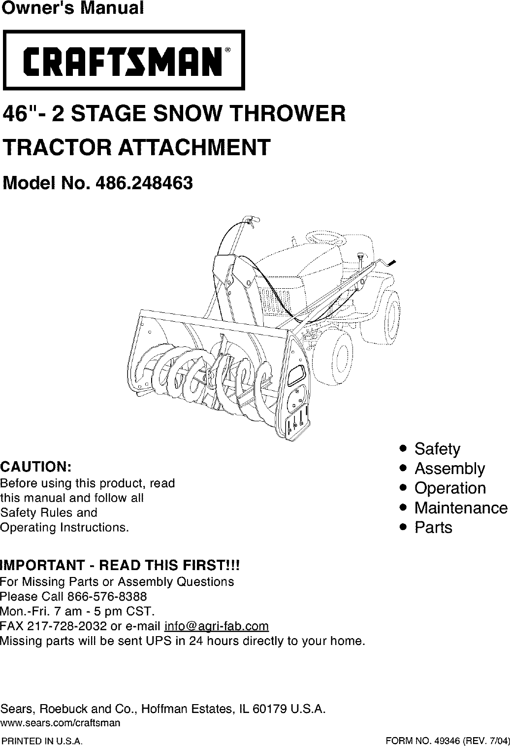 Craftsman 486248463 User Manual SNOW THROWER ATTACHMENT Manuals And ...