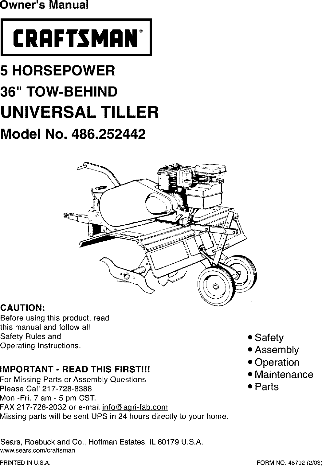 Craftsman 486252442 User Manual TILLER Manuals And Guides L0303051
