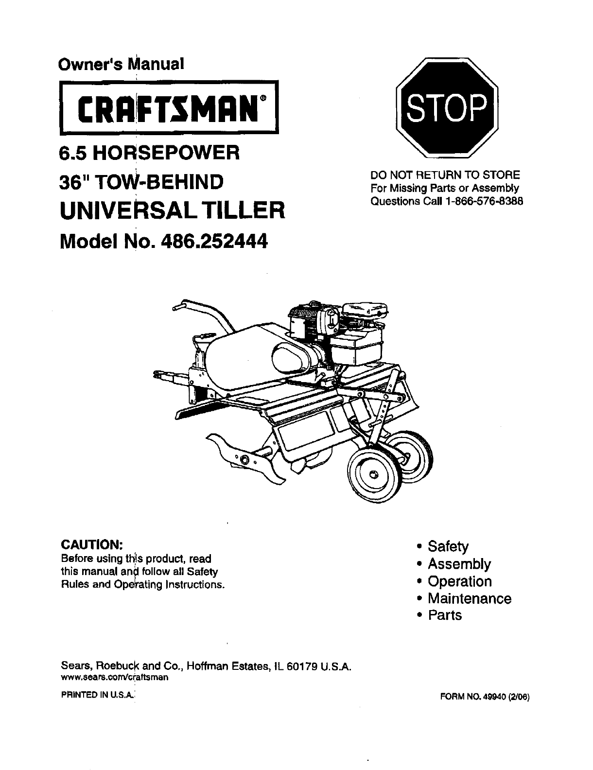 Craftsman 486252444 User Manual TILLER Manuals And Guides L0607420