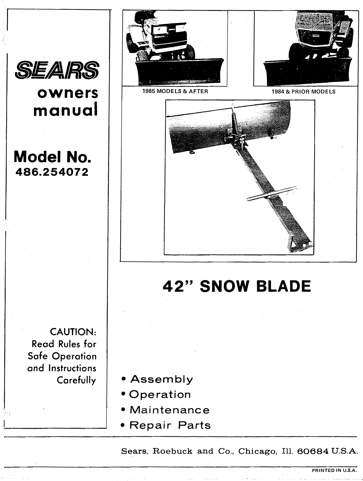 Craftsman 486254072 User Manual SEARS 42 IN SNOW BLADE Manuals And ...