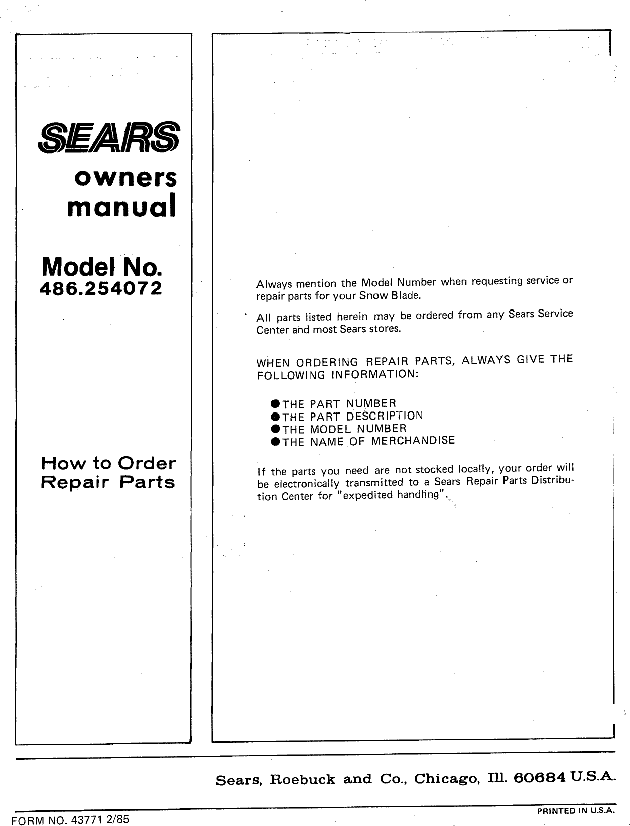 Page 12 of 12 - Craftsman 486254072 User Manual  SEARS 42 IN SNOW BLADE - Manuals And Guides L0811242