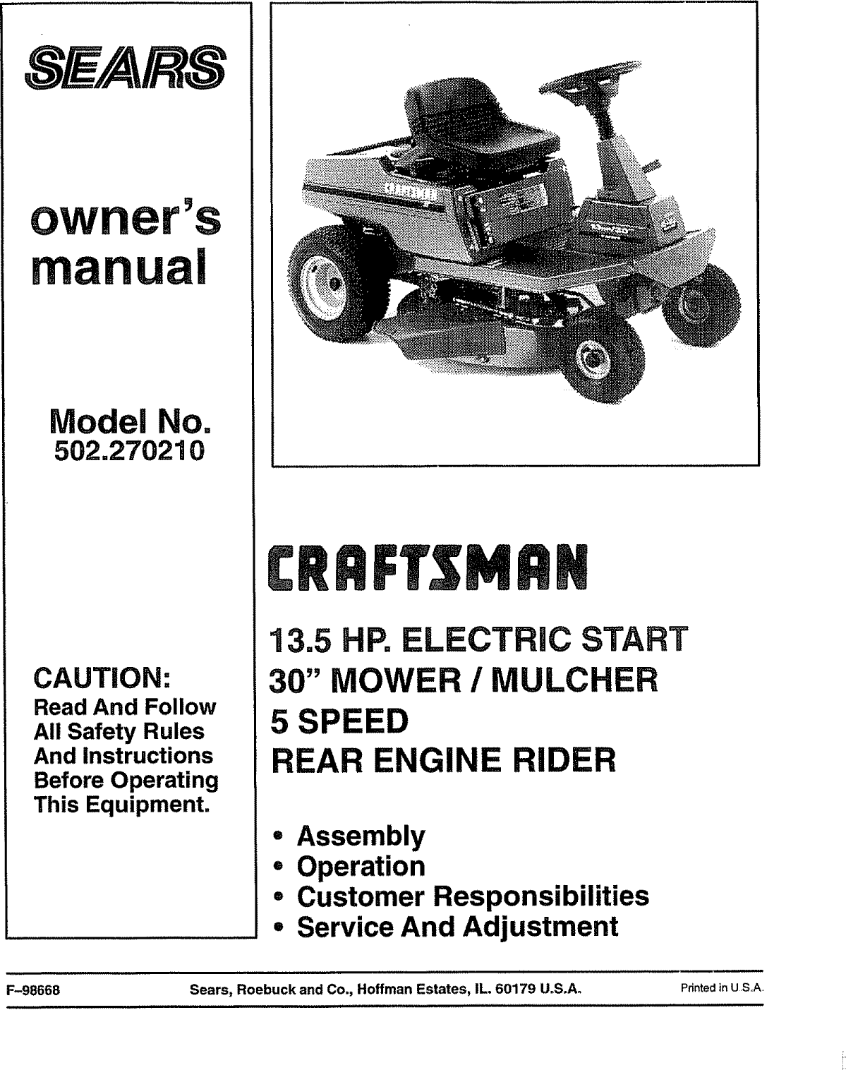 Craftsman User Manual Riding Mower Manuals And Guides L