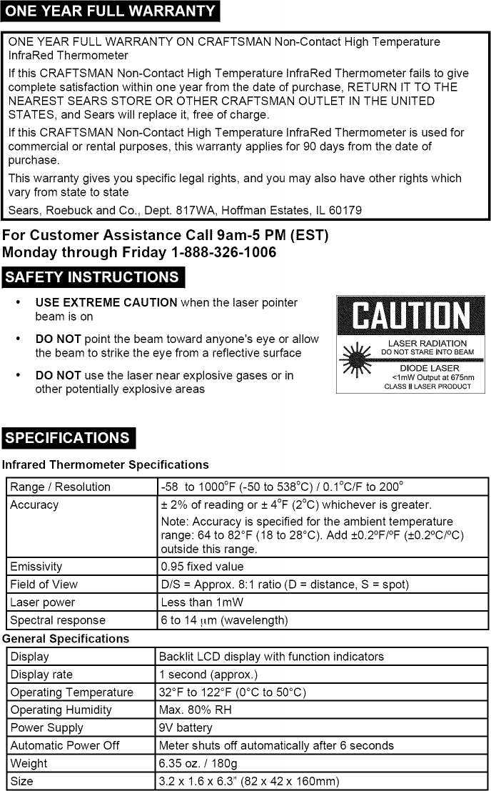 Page 2 of 8 - Craftsman 50466 User Manual  HIGH TEMPERATURE INFRARED THERMOMETER - Manuals And Guides L0908443