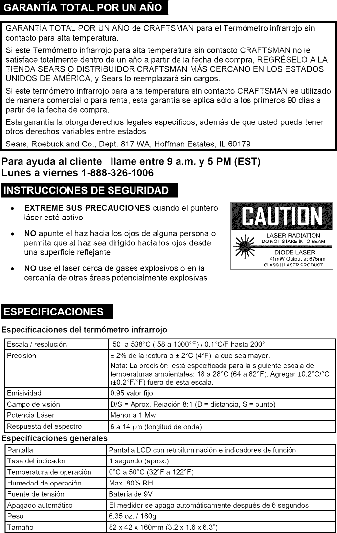 Page 6 of 8 - Craftsman 50466 User Manual  HIGH TEMPERATURE INFRARED THERMOMETER - Manuals And Guides L0908443