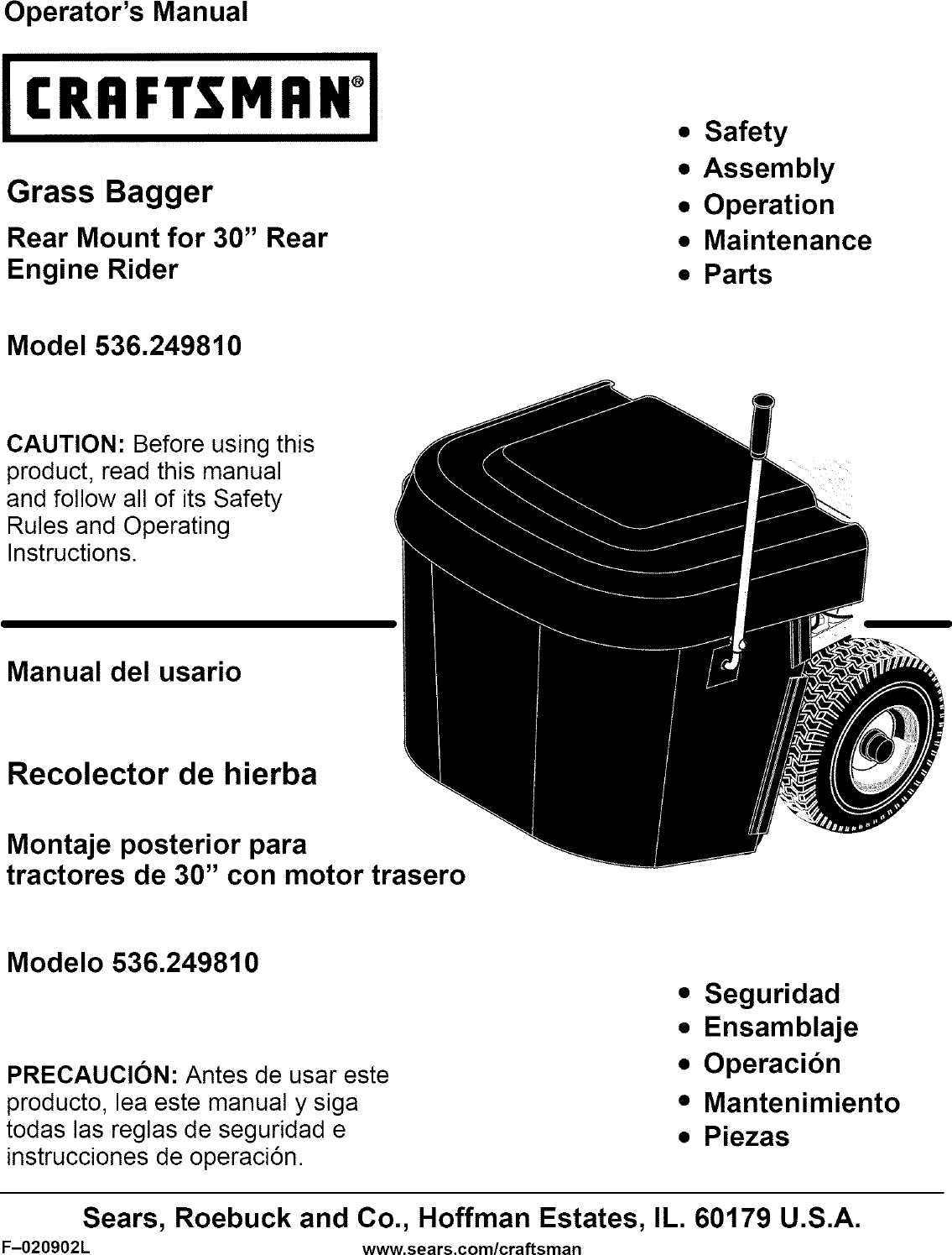 Craftsman 536249810 User Manual GRASS BAGGER Manuals And Guides L0611529