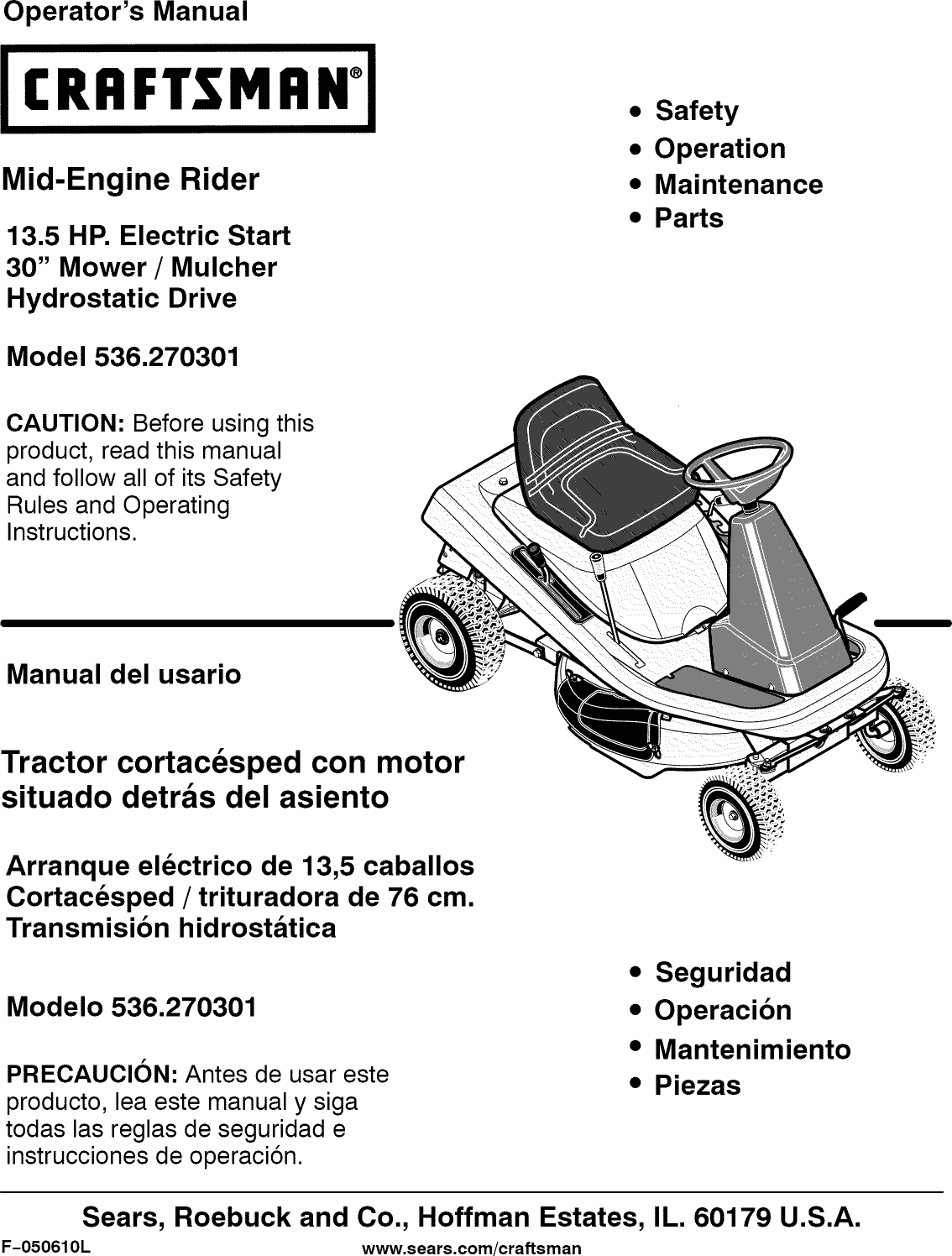 Craftsman 536270301 User Manual REAR ENGINE LAWN MOWER Manuals And