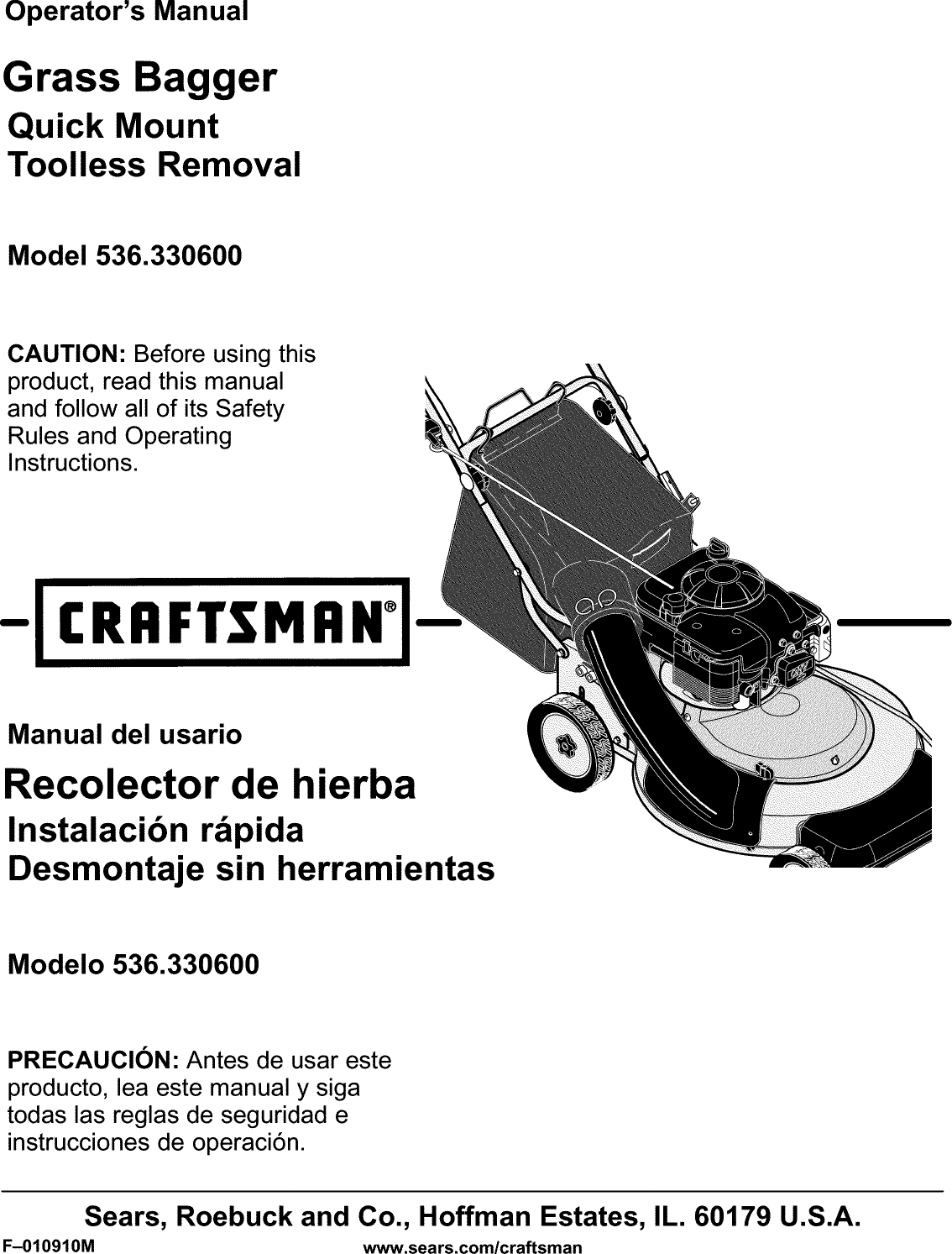 Craftsman 536330600 User Manual GRASS BAGGER Manuals And Guides L0203186