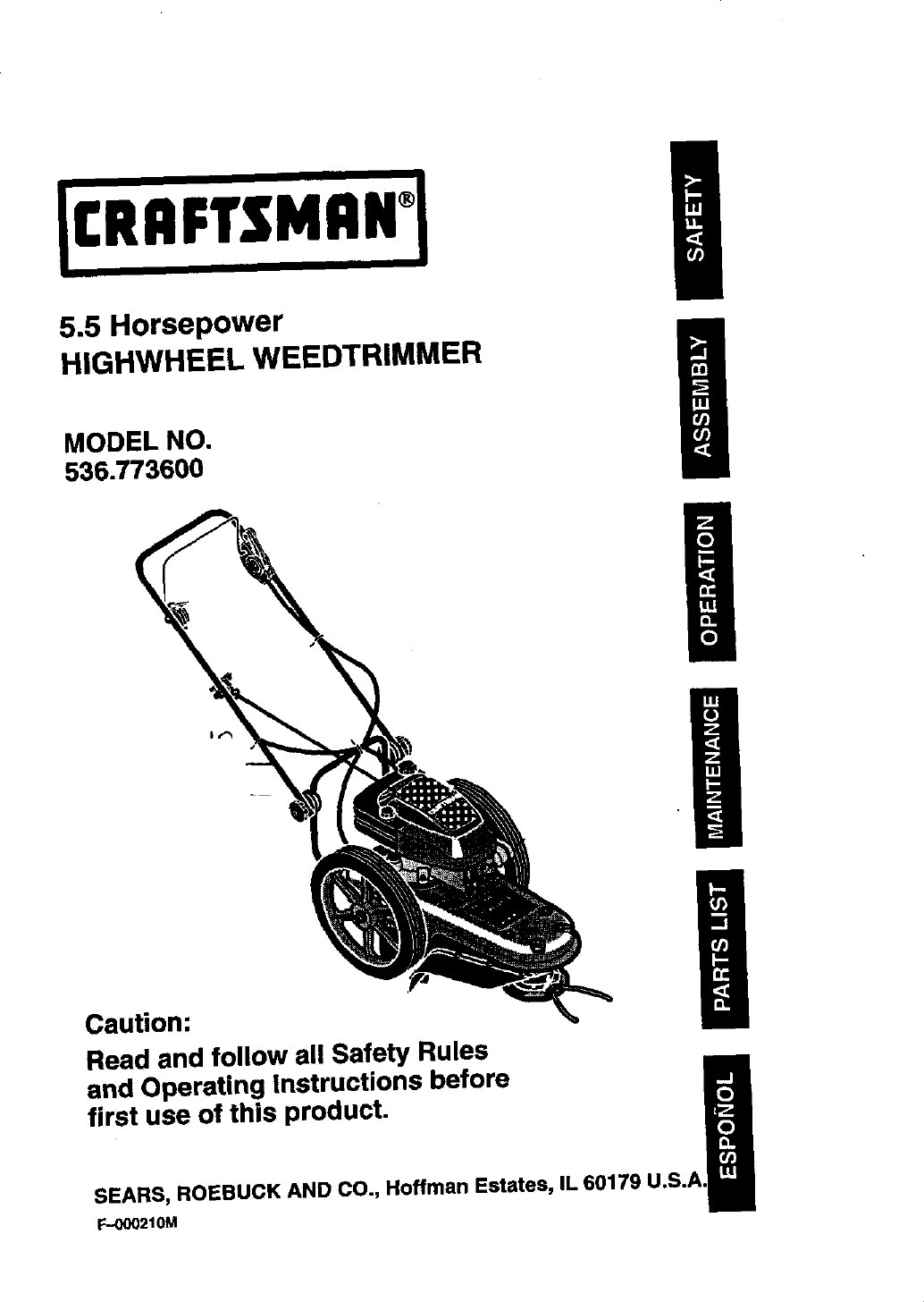 Craftsman 536773600 User Manual 5.5HP HIGHWHEEL WEEDTRIMMER Manuals And