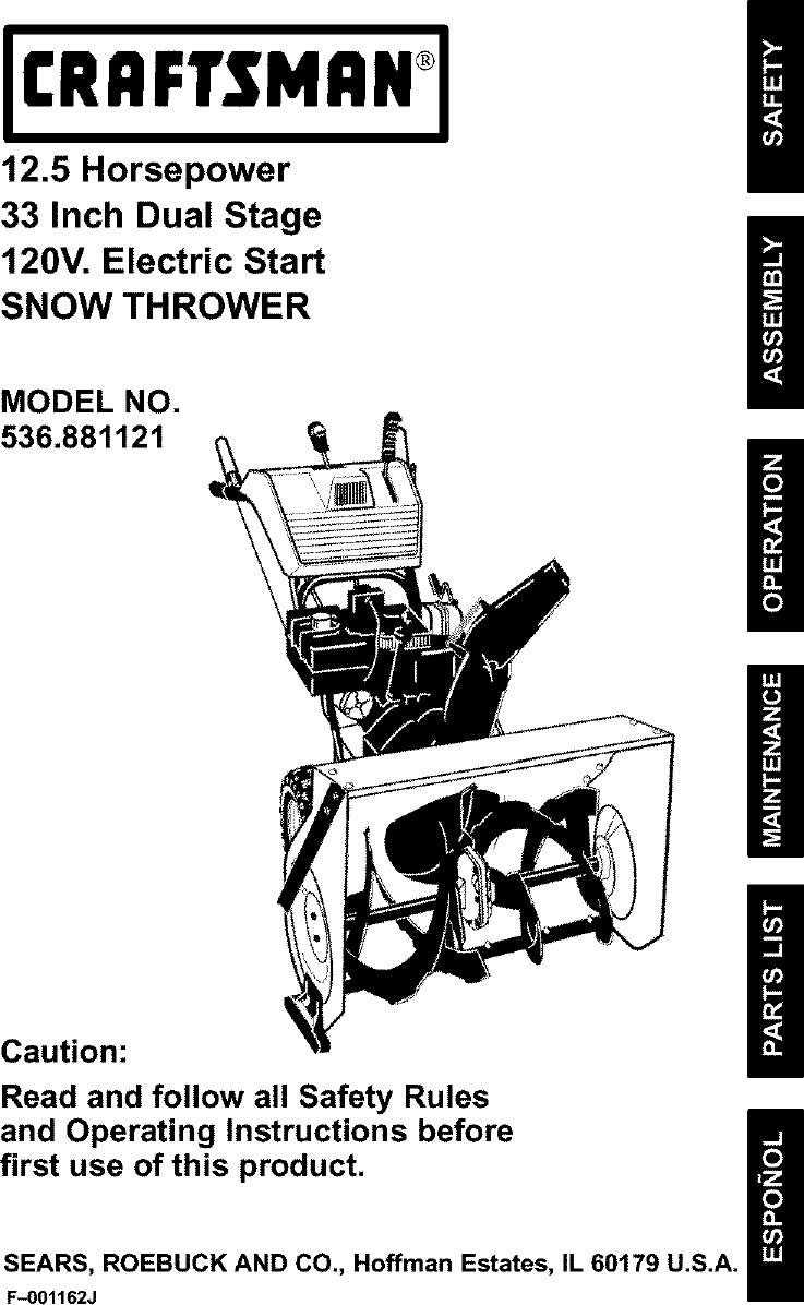 CRAFTSMAN SNOWBLOWER OWNER S MANUAL visual data 3