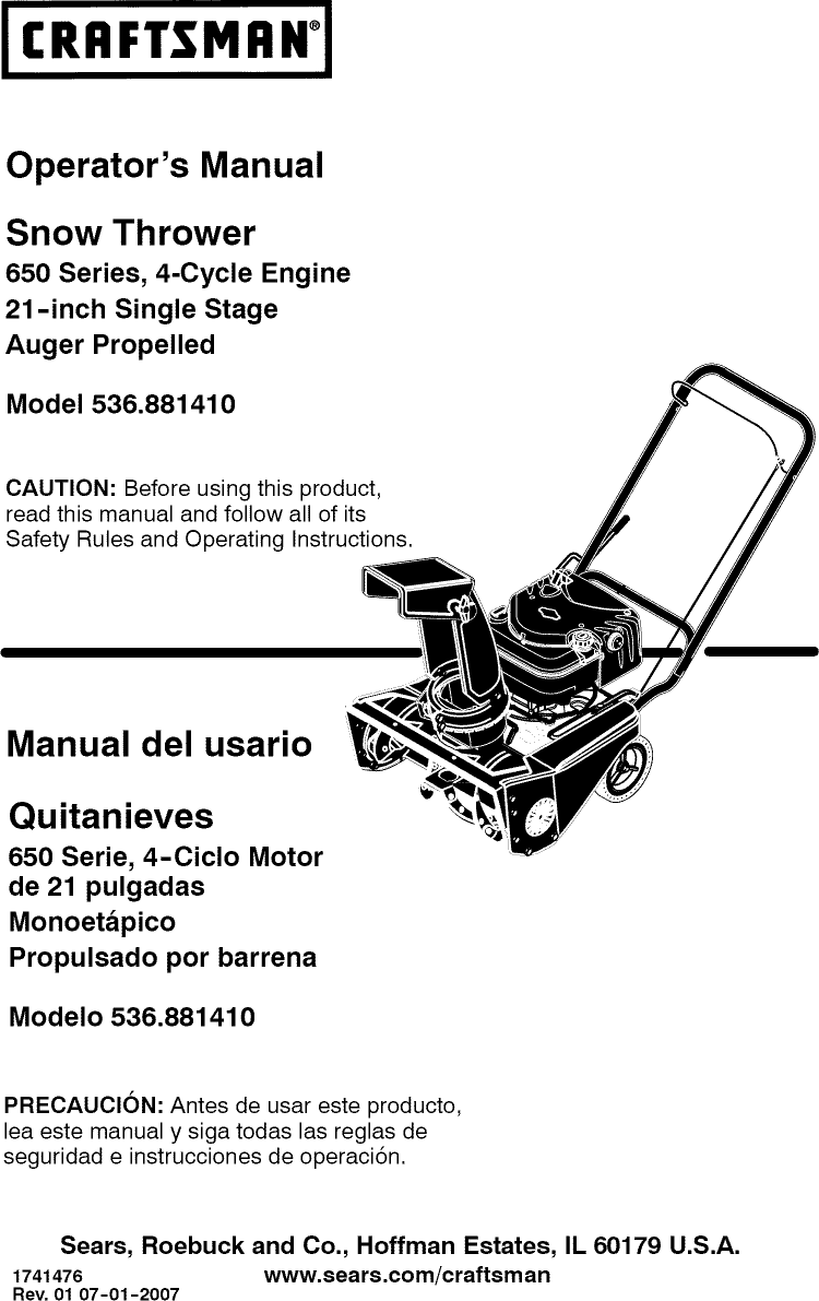 Craftsman 536881410 User Manual SNOW THROWER Manuals And Guides L0812517