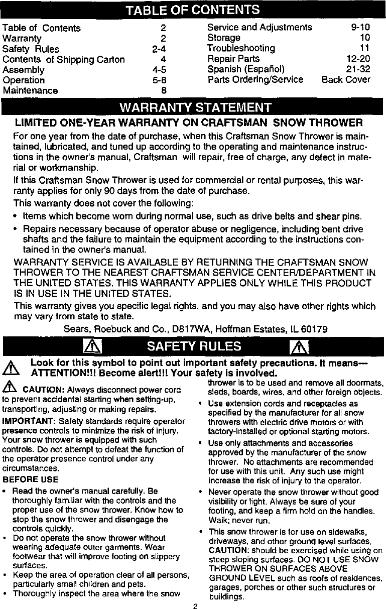 Page 2 of 11 - Craftsman 536882091 User Manual  20 ELECTRIC SNOW THROWER - Manuals And Guides L9911017