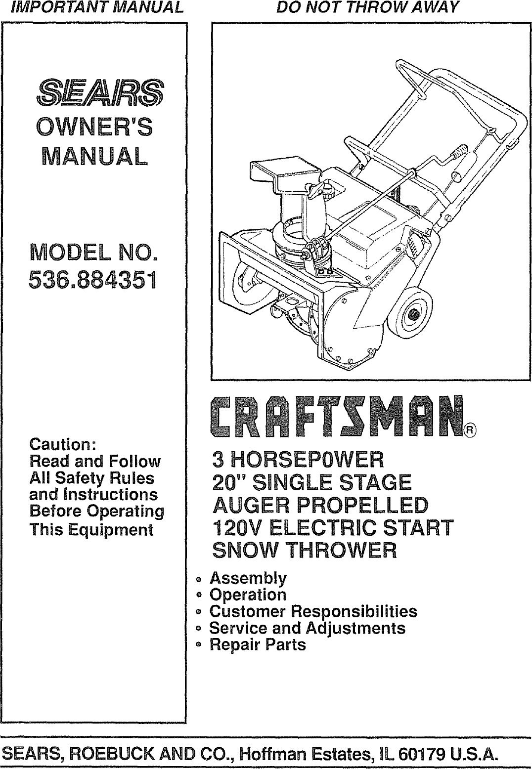CRAFTSMAN SNOWBLOWER OWNER S MANUAL visual data 2