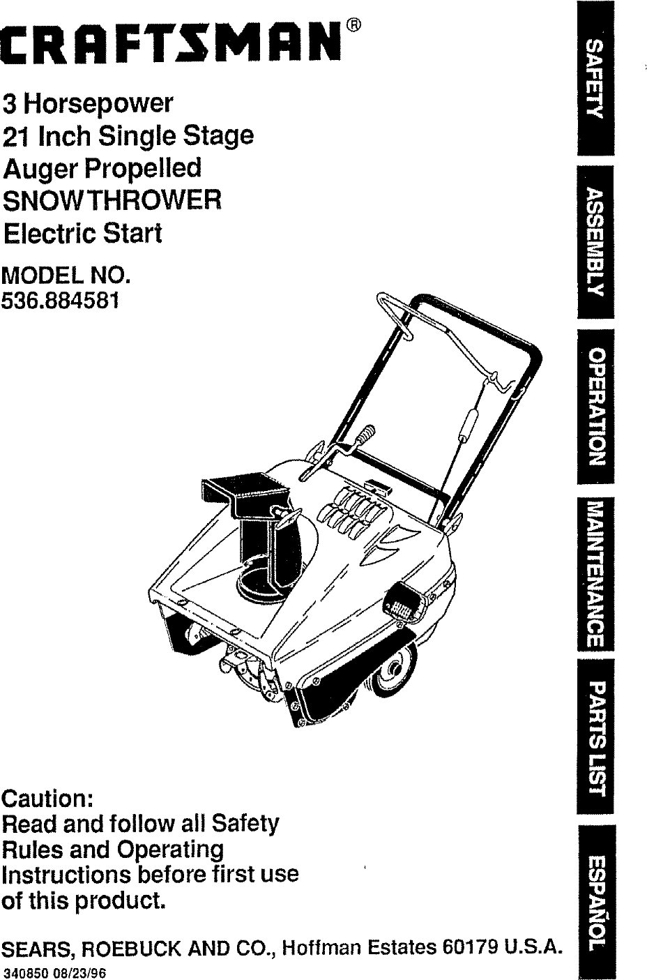 Craftsman 536884581 User Manual SNOW THROWER Manuals And Guides L0801194