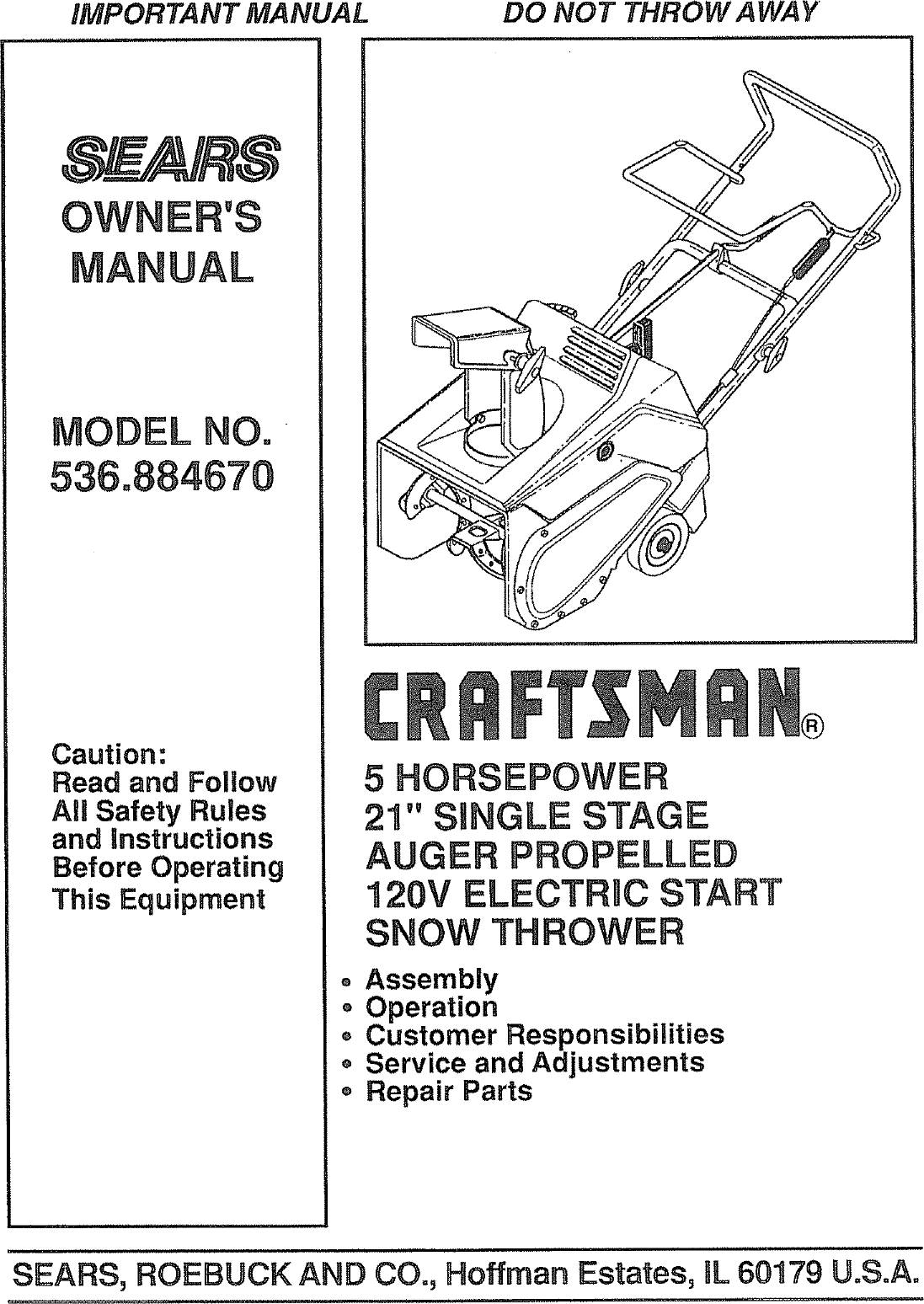 Craftsman 536884670 User Manual Snow Thrower Manuals And Guides L0712482