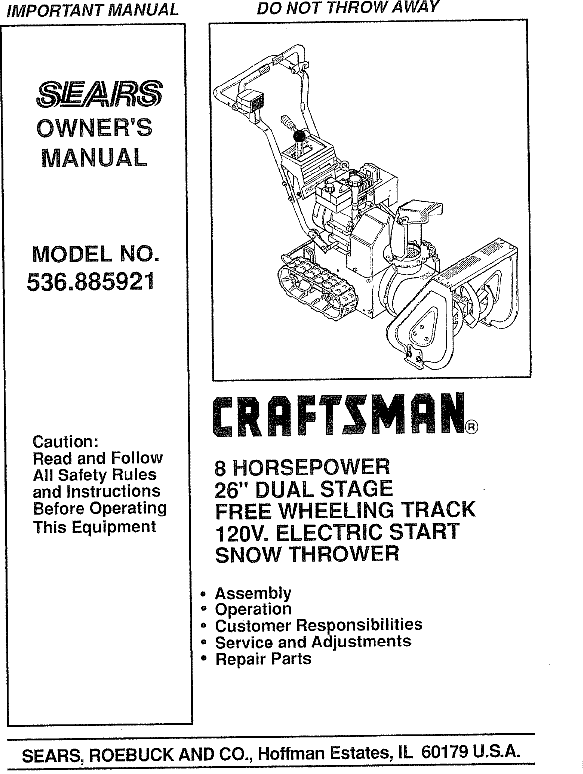 Craftsman 536885921 User Manual SNOW THROWER Manuals And Guides L0910368