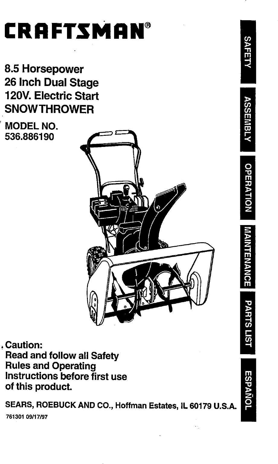 Craftsman Snow Thrower Operator's Manual Model No 247.885690 