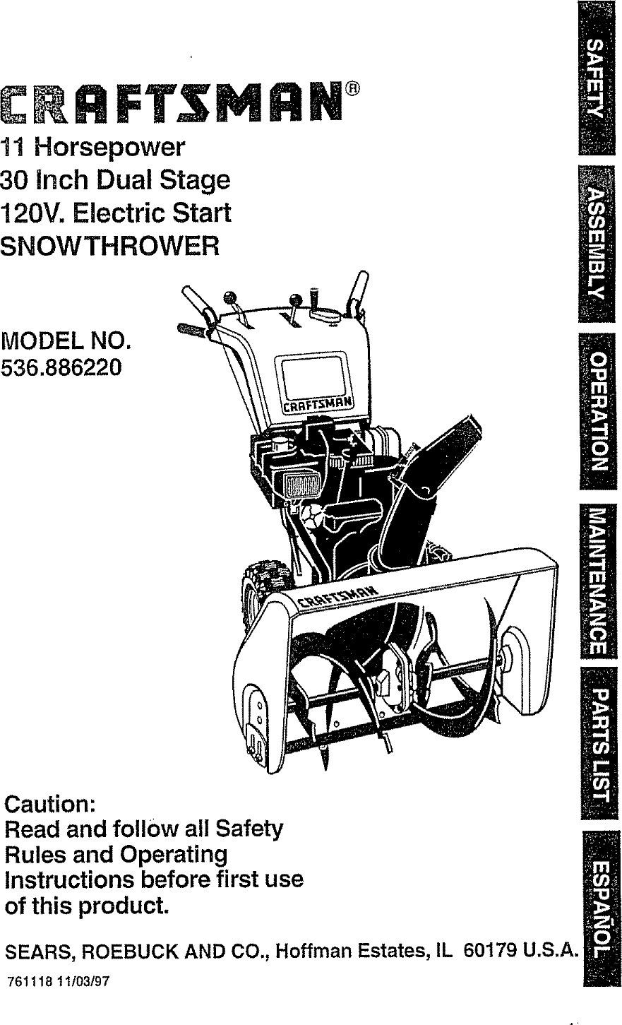 Craftsman 536886220 User Manual SNOWTHROWER Manuals And Guides L0712492