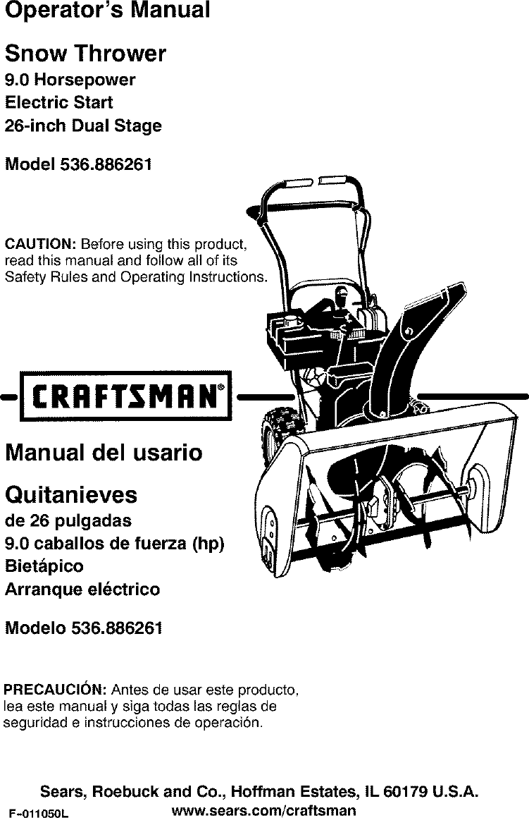 Craftsman 536886261 User Manual SNOW THROWER Manuals And Guides L0108016