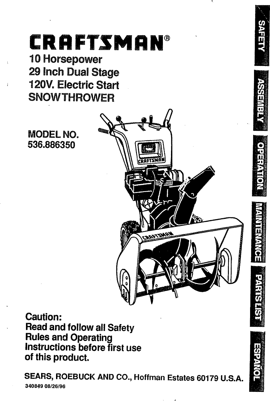Craftsman 536886350 User Manual SNOWTHROWER Manuals And Guides L1002516