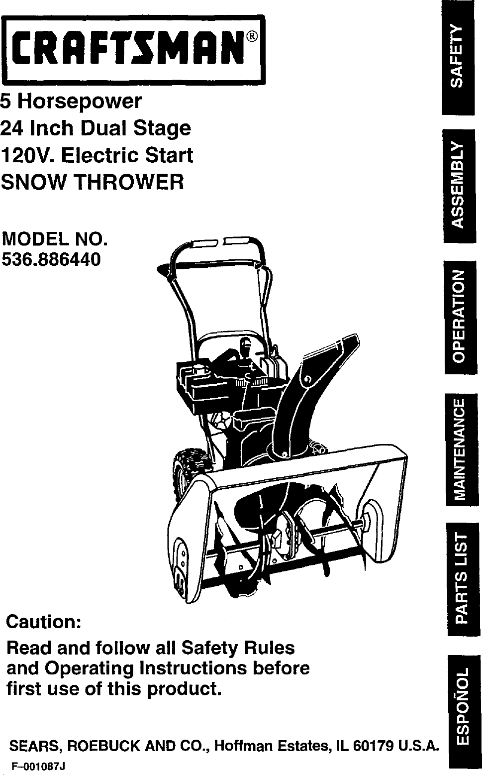 Craftsman 536886440 User Manual 5HP SNOW THROWER Manuals And