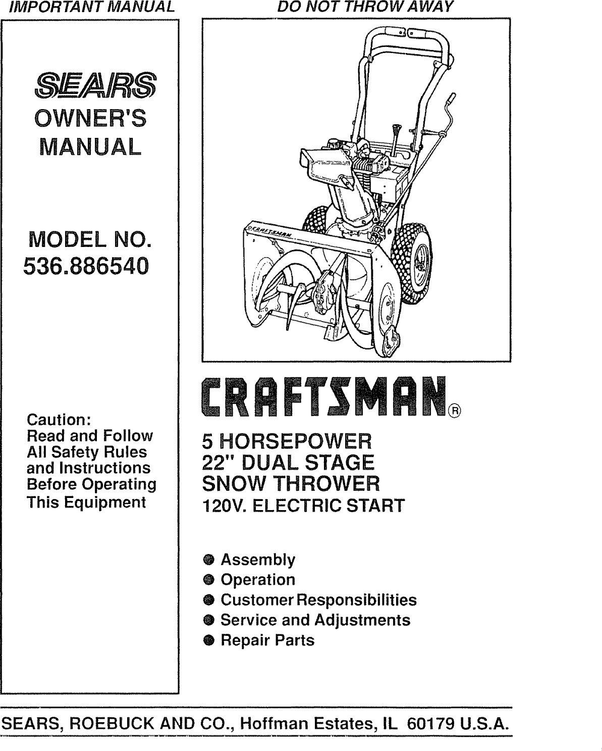 Craftsman 536886540 User Manual SNOWTHROWER Manuals And Guides L1002347