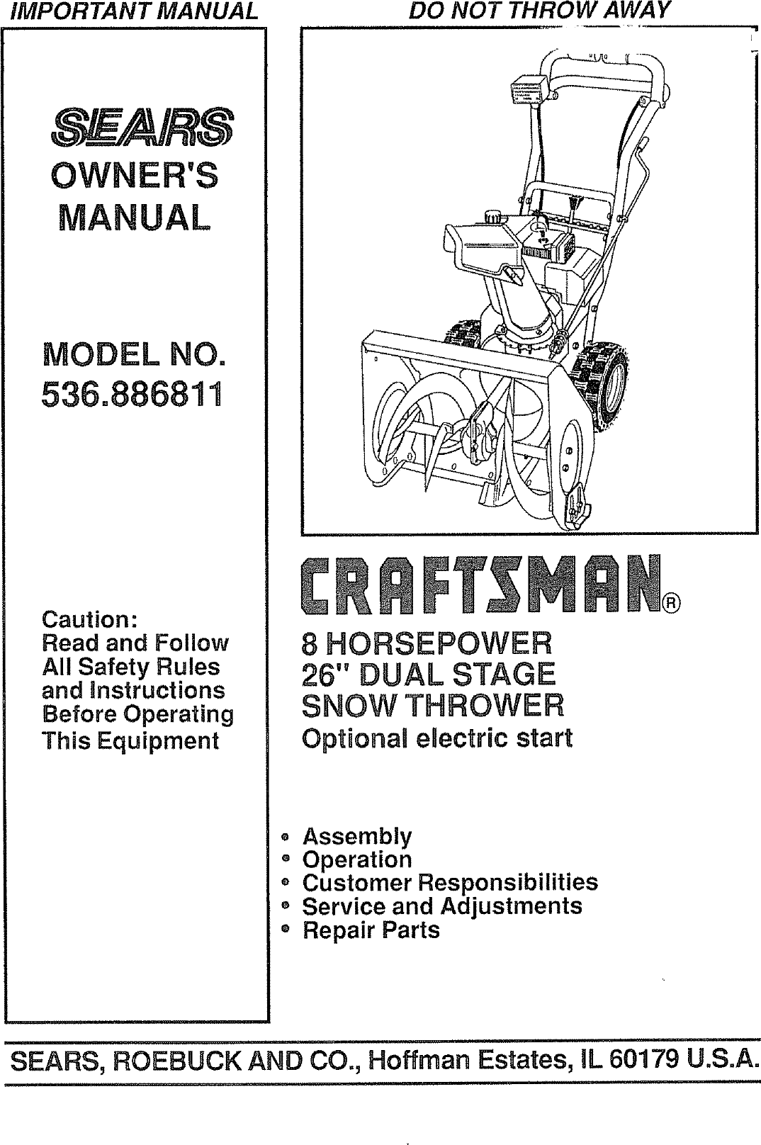 Craftsman 536886811 User Manual SNOW THROWER Manuals And Guides L0712484