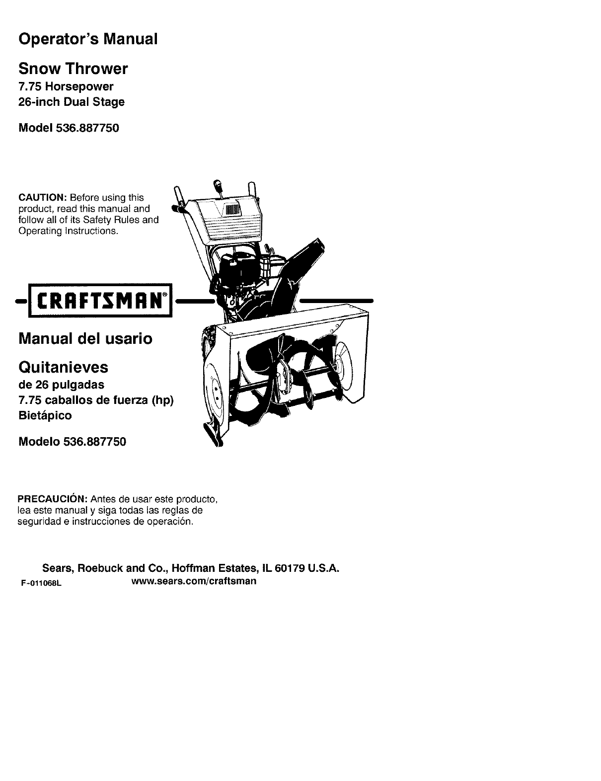 Craftsman 536887750 User Manual SNOW THROWER Manuals And Guides L0108018