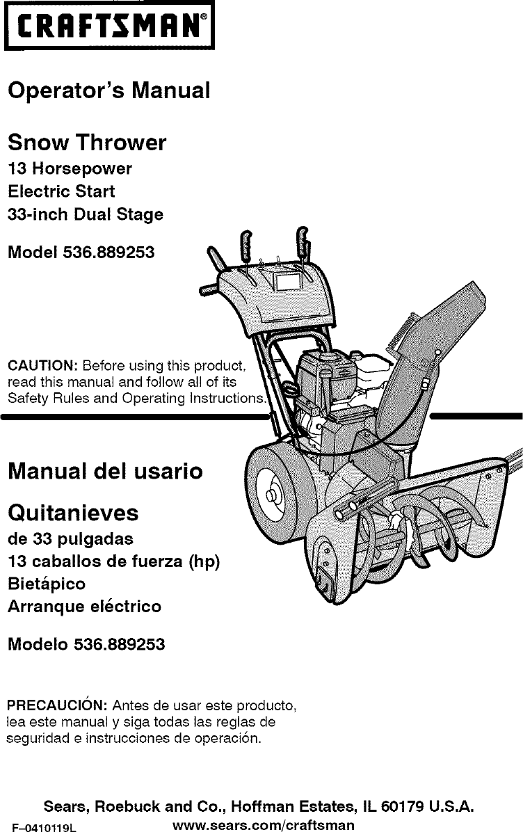 Craftsman 536889253 User Manual SNOWTHROWER, GAS Manuals And Guides ...