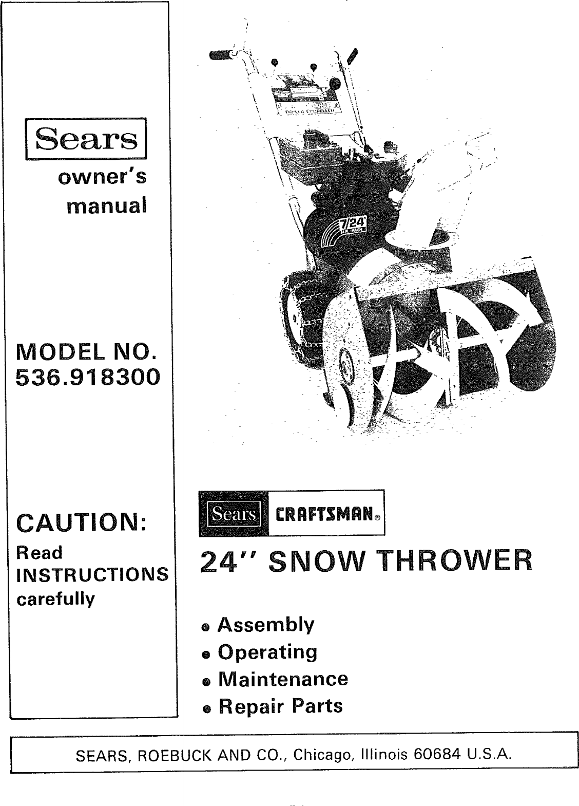 Craftsman 536918300 User Manual 24 INCH SNOW THROWER Manuals And Guides ...