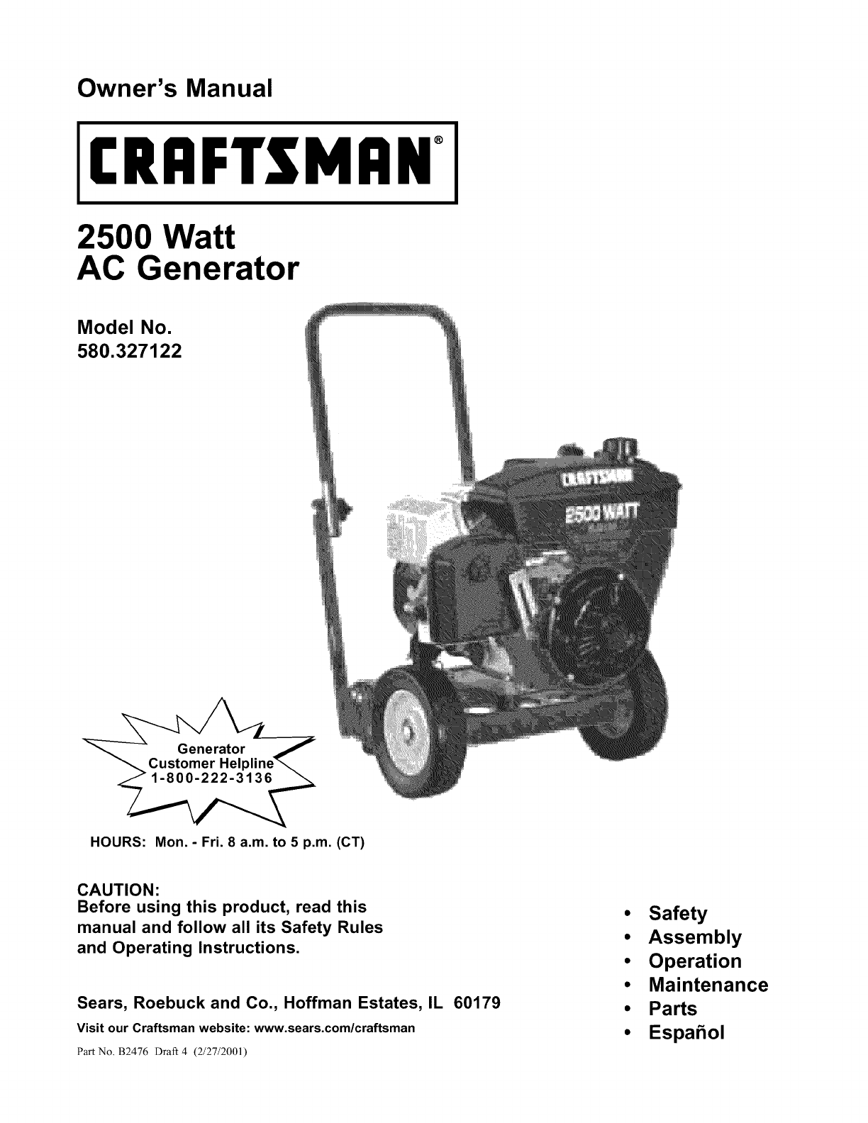 Craftsman 2500 Watt Generator Parts